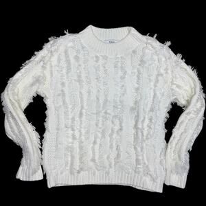 Ro & De Anthropologie Eyelash Fringe White Cable Knit Fuzzy Sweater Small